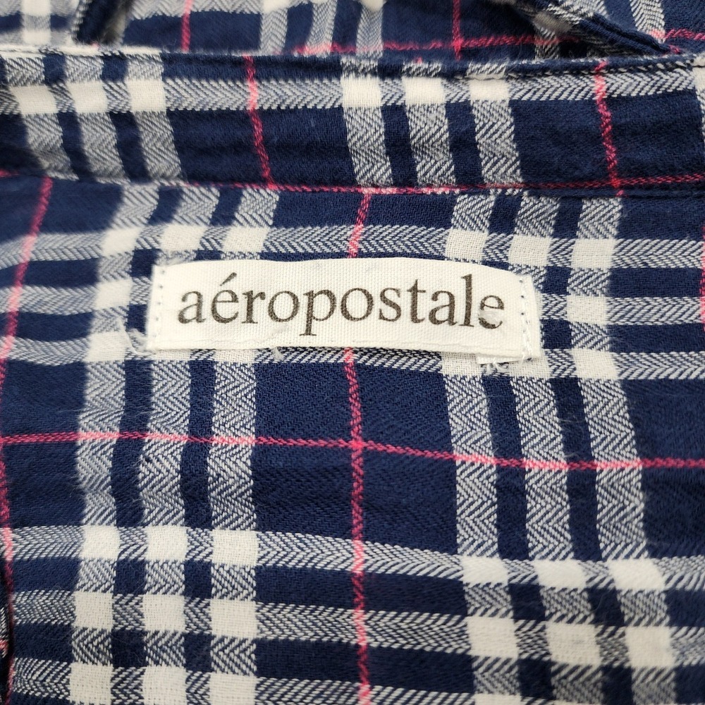 Womens AEROPOSTALE Navy Plaid Ruffle Tunic Long Sleeve Shirt Size Medium - Picture 6 of 8